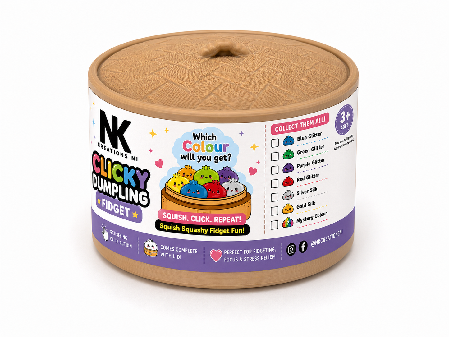 NK Creations NI Clicky Dumpling Fidget – 3D Printed Collectible Clicker Toy with Lid