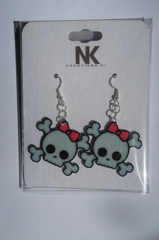 Kawaii Skull Crossbones & Bow Earrings